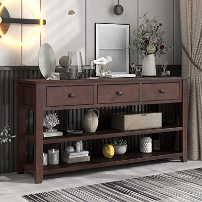 Modern Console Table, Pine Solid Wood Sofa Table with 3 Drawers and 2 Shelves, Entryway Table Sideboard Buffet Table for Living Room, 220 LBS Weight Capacity, Easy Assembly (Espresso-1) - color: Espresso-1