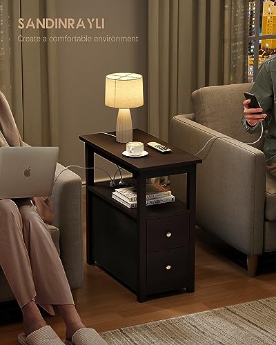 3-Tier Side Table Slim Sofa End Table with 2 Drawers and 1 Open Shelf Narrow Space for Living Room, Espresso Power (Outlets and USB Ports Included) - color: Brown
