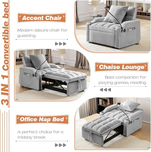Sleeper Sofa Chair Bed 3 in 1 with Charging Ports, Phone Holder & Cup Holders - Modern Velvet Convertible Pull Out Single Sofa Bed for Small Spaces, Apartment, Dorm (Light Gray) - color: Light Gray