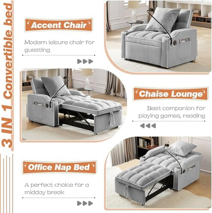 Sleeper Sofa Chair Bed 3 in 1 with Charging Ports, Phone Holder & Cup Holders - Modern Velvet Convertible Pull Out Single Sofa Bed for Small Spaces, Apartment, Dorm (Light Gray) - color: Light Gray