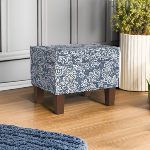 HomePop 22" Modern Rectangular Storage Ottoman - Blue Denim Jacobean Print - color: Blue Denim Jacobean Print