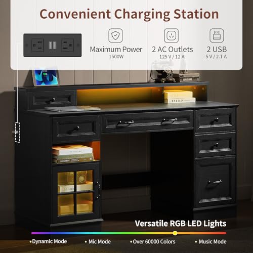 HAUOMS Farmhouse Executive Desk Computer Desk with Drawers，Black | Executive Office Desk with File Drawers, Power Outlet, Led Lights, Storage Cabinet and Monitor Shelf for Home Office - color: Black