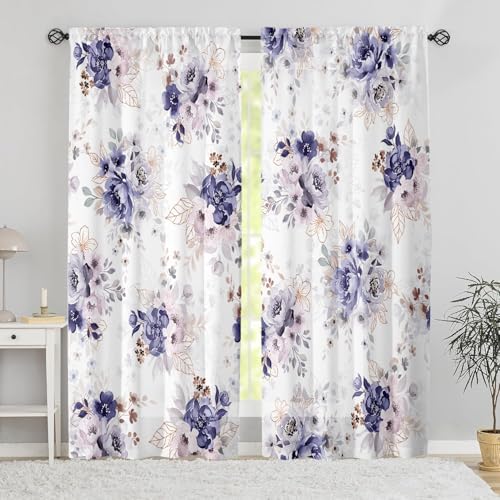 Floral Curtains 84 Inches Long for Living Room 2 Panels,Purple Flower Vintage Farmhouse Curtains Semi Sheer Light Filtering Pink Curtain for Bedroom,Rod Pocket Drapes Boho Curtain Room Decor - color: Purple Floral, size: 52"W x 84"L (Pack of 2)