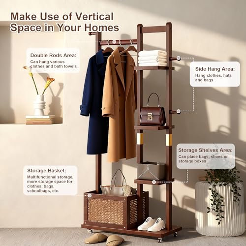 Solid Wood Clothes Rack with Wheels, Rolling Clothing Rack with 4 Shelves & 4 Hooks, Oak Coat Rack Freestanding Heavy Duty with Storage Basket, Coat Hanger Stand for Garment Bags Wallets Hats Shoes - color: Walnut
