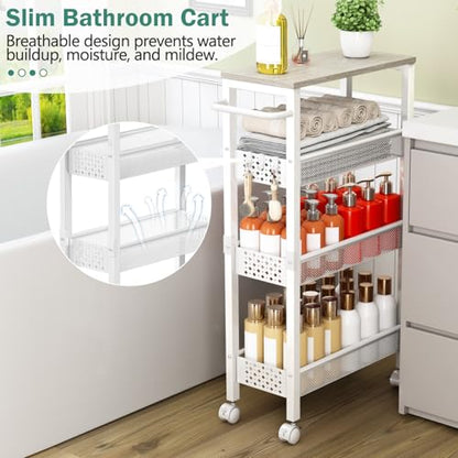 Vivihomety 4-Tier Slim Utility Rolling Laundry Cart with Wheels, Metal | Narrow 7.1" wide, Lockable wheels, wood top panel, metal frame, with handle, for laundry, bathroom, kitchen, white - color: White, size: 7.1 inch wide