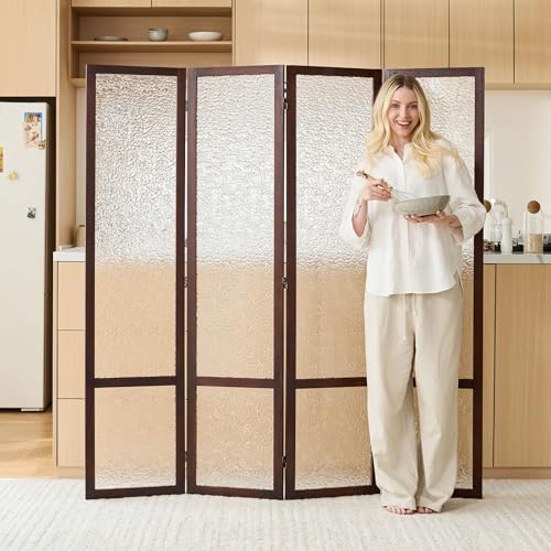 4 Panel Acrylic Room Divider Privacy Screen - Freestanding Frosted Translucent Partition, Lightweight Modern for Home Office Studio (Walnut, 4 Panels) - color: Walnut