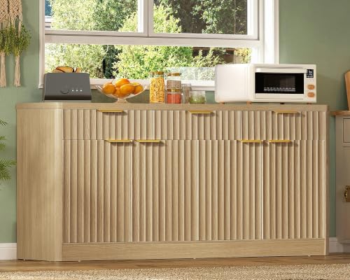 usikey 55" W Large Buffet Cabinet with Storage & Drawers, Sideboard Cabinet with 2 Adjustable Shelves & 4 Doors, Coffee Bar Station, Kitchen Storage Cabinets, Natural