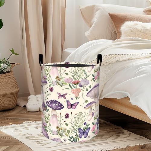 Mushroom Floral Laundry Basket, Oxford Cloth Pastel Dreamy Dirty Clothes Collapsible Hamper for Room Decor, Butterfly Flower Print Gifts Toy Organizer 19.7*15.7 Inch for Bedroom Bathroom Dorm - style: Mushroom