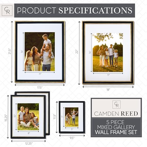 Mixed Gallery Wall Frame Set, (2) 16x20 Inch, (1) 11x14 Inch, and (2) 8x10 Inch, 5 Piece, Black/Gold - color: Black/Gold