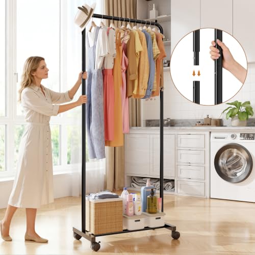 Standard Clothes Garment Rack, Portable Double Clothing Rack with Wheels and Bottom Shelf, Rolling Wardrobe Rack for Bedroom, Laundry Room, Black