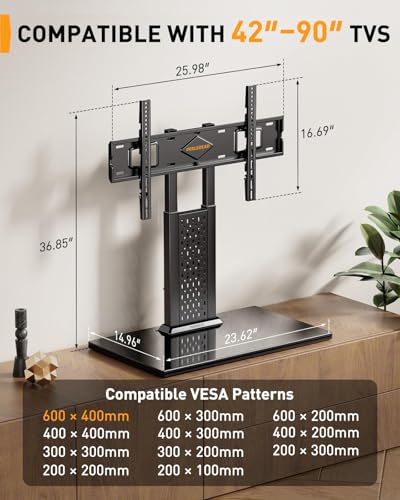 Perlegear Universal Swivel TV Stand for 42-85 90 Inch TVs, Television Stands with Pegboard Storage, Height Adjustable Table top TV Stand Mount, Glass Base up to 150 lbs, Max VESA 600x400mm PGTVS36 - size: 42-90 Inch