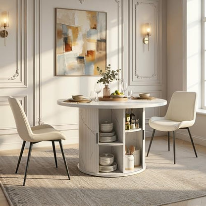 3-Piece Round Dining Table Set for 2, 47-Inch Modern Faux Marble Dining Table with Half-Open Storage Shelf, Upholstered Dining Chairs with Thick Cushions (White Faux Marble Table + 2 Beige Chairs) - color: White Faux Marble Table + 2 Beige Chairs-196, siz