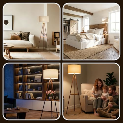 58.3" Mid-Century Tripod Floor Lamp with Shelf, Hidden Wiring, RGB Dimmable Bulb Included, Remote & App Control, Iron Corner Standing Lamp with Linen Shade for Living Room Bedroom