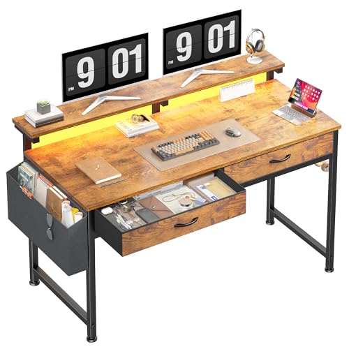 DurayLoly Gaming Desk with 2Drawers & LED Lights,Space Saving,Rustic Brown | 47.3” Computer Desk with Ergonomic Monitor Stand,Office Desk with Side Pocket and Hook,Study Writing Table for Small Spaces - color: Brown, size: 47.3 Inch