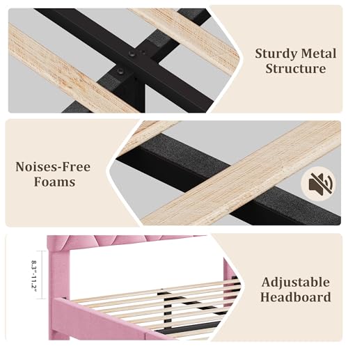 GAOMON Pink Twin Bed Frame with Upholstered Headboard, Heavy-Duty Platform Bed Frame with Strong Wood Slats, No Box Spring Needed/Noise Free/Easy Assembly | Heavy-Duty Bed Frame with Wooden Slats Support Upholstered Mattress Foundation No Box Spring Neede