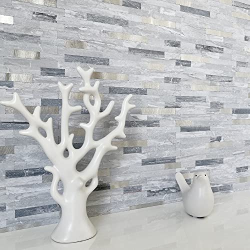 DICOFUN 10-Sheets Peel and Stick Backsplash Wall Tile, Faxu Stone PVC Mixed Metal Kitchen Backsplash Peel and Stick in Light Grey - color: Light Grey and Metal Silver, size: 10 Sheets, 12’’x12’’x0.12’’