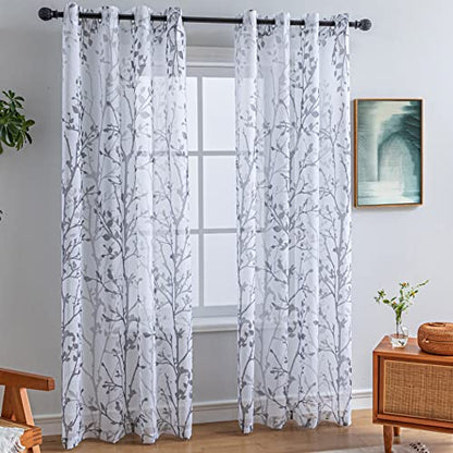 Luvyohmee White Grey Curtains 84 Inch Length 2 Panels Set, Semi Sheer Window Curtain Drapes for Living Room/Bedroom, Gray Nature Tree Branches Patterned Linen Textured Curtains, Grommet Top W52XL84 - color: Grey, size: 52"W x 84"L (Pack of 2)
