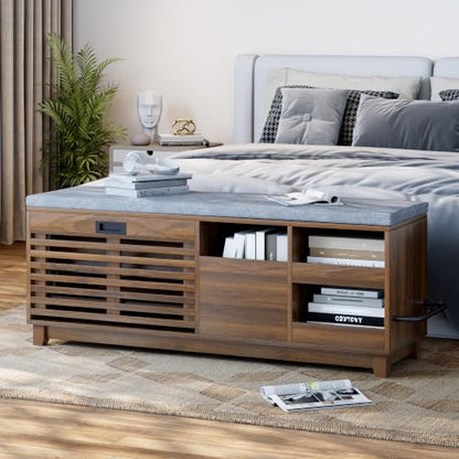 47.2" Shoe Storage Bench with Flip Drawer, 2-Tier Entryway Bench with Padded Seat Cushion & 2 Pull-out Shelves & Semi-open storage, Shoe Rack Bench with Side Holder for Hallway,Bedroom (Walnut)