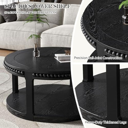 Round Wood Coffee Table, Farmhouse Rustic Circle Coffee Tables, 2-Tier Solid Wood Coffee Table for Living Room Apartment Office-31.5'' Black - color: 2tier-black Wood, size: 31.5''Round