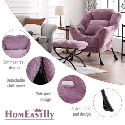 Lazy Chair with Ottoman, Plush Reading Chair with Pillow，Purple | Removable machine-washable cover; includes an extra throw pillow; cozy accent chair for living room, bedroom, dorm or office - color: Plush Purple-1