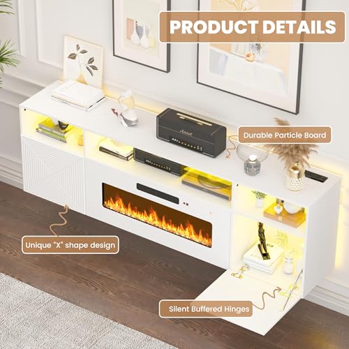 71" Floating TV Stand with 36" Electric Fireplace, Wall Mounted Fireplace Entertainment Center with LED Lights, Mid Century Modern Media Console for TVs Up to 80", White - color: White, size: With Fireplace