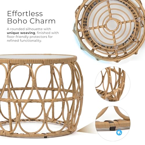 Furniture of America Ysar Boho Rattan Round Coffee Table Outdoor with 5mm Tempered Glass Top, All-Weather and Rust Resistant Patio Furniture - color: Natural/18.9 In.