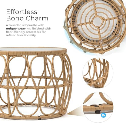 Furniture of America Ysar Boho Rattan Round Coffee Table Outdoor with 5mm Tempered Glass Top, All-Weather and Rust Resistant Patio Furniture - color: Natural/18.9 In.