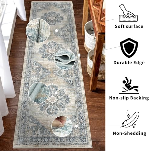 2x6 Hallway Runner Rug Washable: Soft Kitchen Rug Non Slip Runner with Rubber Backing for Living Room Bedroom Bathroom Non Shedding Farmhouse Carpet Runners (Blue, 2X6) - color: Blue, size: 2' x 6' (Rectangular)