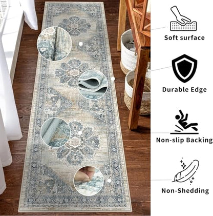 2x6 Hallway Runner Rug Washable: Soft Kitchen Rug Non Slip Runner with Rubber Backing for Living Room Bedroom Bathroom Non Shedding Farmhouse Carpet Runners (Blue, 2X6) - color: Blue, size: 2' x 6' (Rectangular)