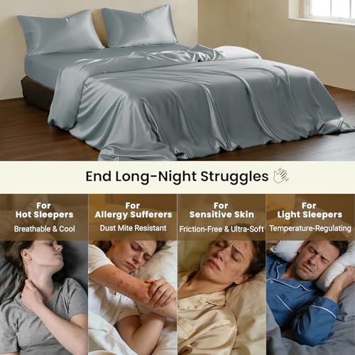 THXSILK Luxury Queen Silk Duvet Cover Set 3 Pieces, Extra Soft, Breathable & Cooling Bedding Set, Machine Washable & Durable, 1 Duvet Cover & 2 Pillowcases with Zipper Closure(Stone Blue) - color: Stone Blue, size: Queen (3 pcs)