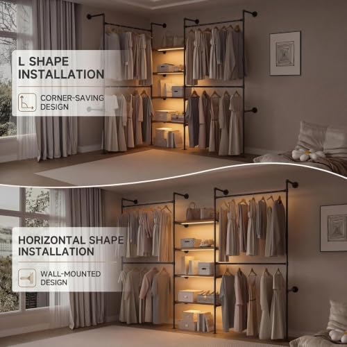 Expandable Industrial Pipe Clothing Rack with LED & Shelves | Heavy Duty Garment Rack with 4 Shelves & 4 Rods, Wall Mounted Closet Organizer for Bedroom, Laundry Room, Fits 72.8"- 110.6"