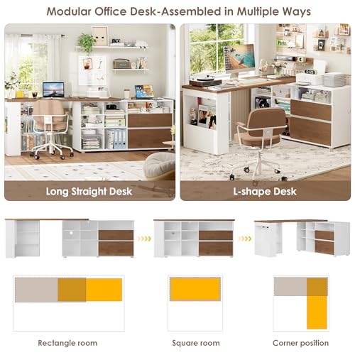 L Shaped Desk with 2 Drawers and 3 Shelves, 60" Reversible Corner Desk, Computer Desk with 10 Cubby Storage Organize, Home Office Executive Desk for Writing Study Work, White