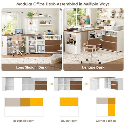 L Shaped Desk with 2 Drawers and 3 Shelves, 60" Reversible Corner Desk, Computer Desk with 10 Cubby Storage Organize, Home Office Executive Desk for Writing Study Work, White