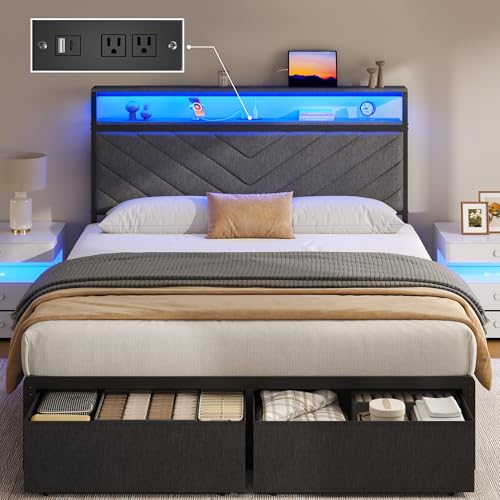 Full Bed Frame with Upholstered Headboard, 2 Storage Drawers,Easy Assembly | Metal Platform with LED Lights, Charging Station, 2 Storage Shleves, No Box Spring Needed, Noise Free, Grey - color: Grey, size: Full