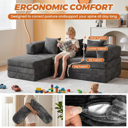 6-in-1 Boneless Couches L-Shaped Modular Sectional Sofa | Cloud Couch Sectional & Tri-Folding Mattress | Corduroy Pet-Friendly Convertible Sofa Bed with 800LB Capacity Apartment, Guest Room - color: Grey 2