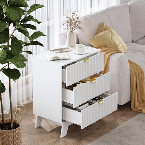 Night Stand Set 2, Bedside Table & End Table, Mid Century Modern Fluted Wood Nightstand with 3 Drawers & Metal Handles, Farmhouse Nightstand for Bedroom, White - color: White, style: 3 Drawers-2 PCS