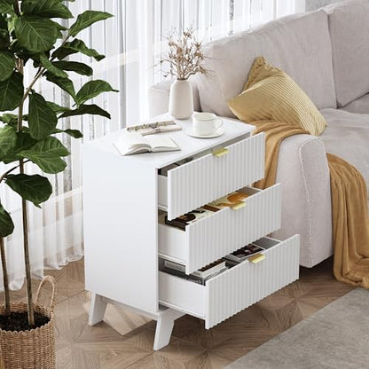 White Night Stand with 3 Drawers, Bedside Table & End Table, 24" Wide Mid Century Modern Fluted Wood Nightstand with Metal Handles, Farmhouse Night Stands for Bedroom - color: White, style: 3 Drawers