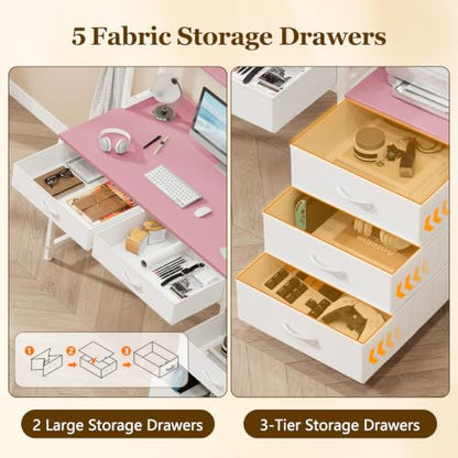 52" Computer Desk with Bookshelf, 5 Drawers ＆ Hutch for Bedroom | Pink Office Desk with Printer Shelf, Study Writing Desk with Storage Shelves - color: Pink