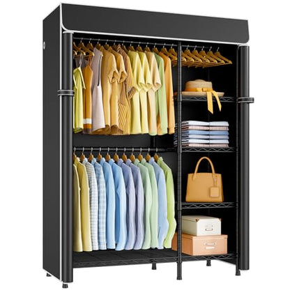 F2C Clothes Rack with Cover, Black Clothing Racks Heavy Duty | Garment Rack with Shelves for Hanging Clothes, Metal Portable Closet System, 47.2"W x 16.5"D x 78.3"H, Load 630lbs - color: Black Closet with Black Cover