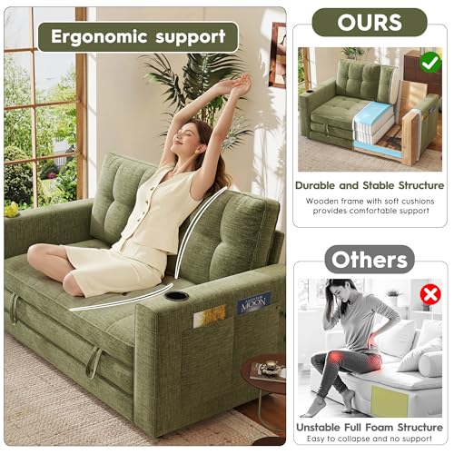 55" Convertible Folding Sofa Bed, Pull Out Couch Love Seat Sleeper Bed, Small Fold Out Loveseat sleeper with Cup Holder and Pillow for Small Space, Bedroom Lounge, Dorm, Living Room(Green Chenille) - color: Green