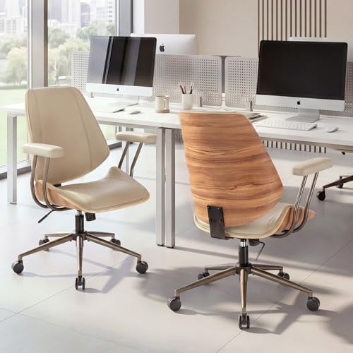 Modern Mid Back Office Chair, Adjustable Swivel Desk Chair with Arms, Beige | Faux leather seat, wood accent detail, mid-back with padded armrests, adjustable swivel, for home office, bedroom & study - color: Beige, size: 1-Piece Back / No Headrest