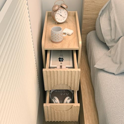 Small Fluted Nightstand Set of 2, Wood 2 Drawer Narrow Nightstand, Slim Side Table, Modern Boho End Bedside Table, Natural Wood Night Stand with Drawers for Bedroom, Living Room, Natural - color: Natural-2 Pcs