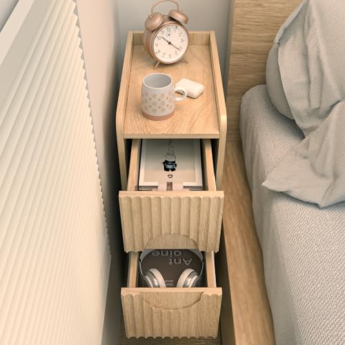 Small Fluted Nightstand Set of 2, Wood 2 Drawer Narrow Nightstand, Slim Side Table, Modern Boho End Bedside Table, Natural Wood Night Stand with Drawers for Bedroom, Living Room, Natural - color: Natural-2 Pcs