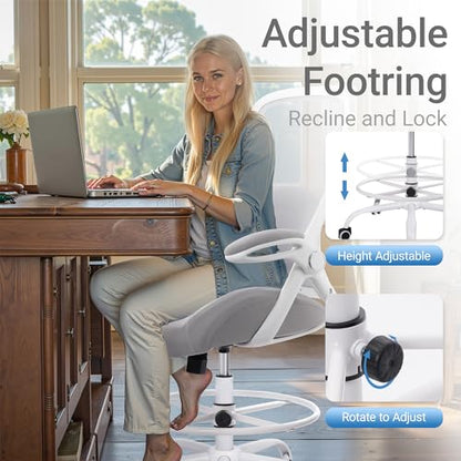 400lbs Heavy Duty Drafting Chair 5" Thickened Seat Office Chair with Flip-Up Armrests Tall Ergonomic Computer Chair with Lumbar Support and Adjustable Footrest Ring Standing Desk Chair (Grey) - color: Grey