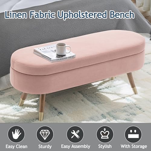 IAFIKE Oval Storage Bench 43.5" Ottoman Bench Upholstered Boucle Fabric Footrest Bench with Golden Metal Legs End of Bed for Bedroom, Living Room, Entryway,Bed Side (Pink) - color: Pink