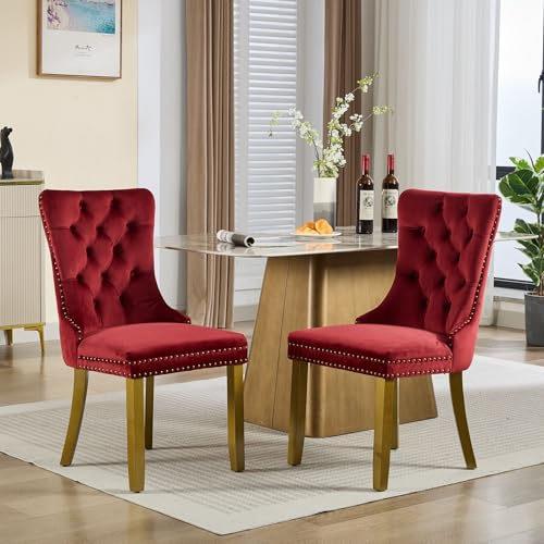 KEIKI Upholstered Velvet Dining Chair, Mid-Century Tufted Accent Seat | with Golden Solid Wood Legs for Dining Room Kitchen Room, Wine Red - color: Wine Red