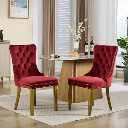 KEIKI Upholstered Velvet Dining Chair, Mid-Century Tufted Accent Seat | with Golden Solid Wood Legs for Dining Room Kitchen Room, Wine Red - color: Wine Red
