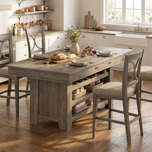 IDEALHOUSE 60" Wood Dining Table for 4-6, Counter Height Kitchen Table with Wine Rack and 2 Drawers, Open Shelves and Sturdy Legs, 4-Tier Stationary Kitchen Island for Dining Room and Kitchen - color: Grey