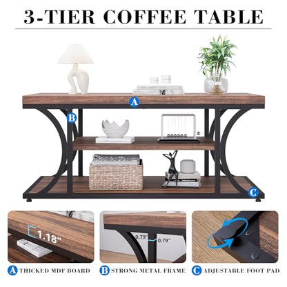 Farmhouse Coffee Table with Storage, 3-Tier Industrial Wood & Metal Coffee Table for Living Room, Rustic Rectangle Center Table with Open Shelves, Rustic Brown