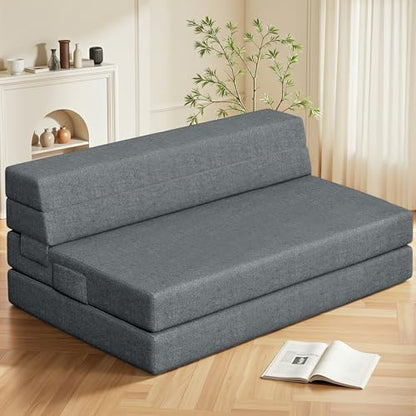 Youzi Folding Sofa Bed Queen, 6 Inches Foam Floor Sofa and Folding Mattress with Washable Cover, Fold Out Couch for Guests, Camping and Travel, Dark Gray, 80" x 60" x 6" - size: Queen